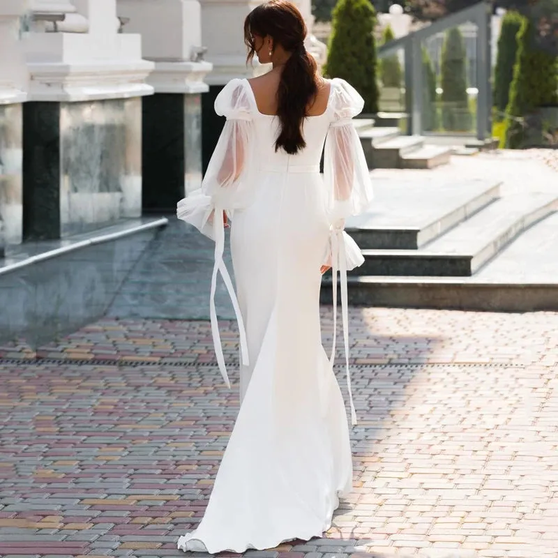 Elegant Satin Mermaid Wedding Dress Long Puff Sleeve Square Collar Bridal Gown