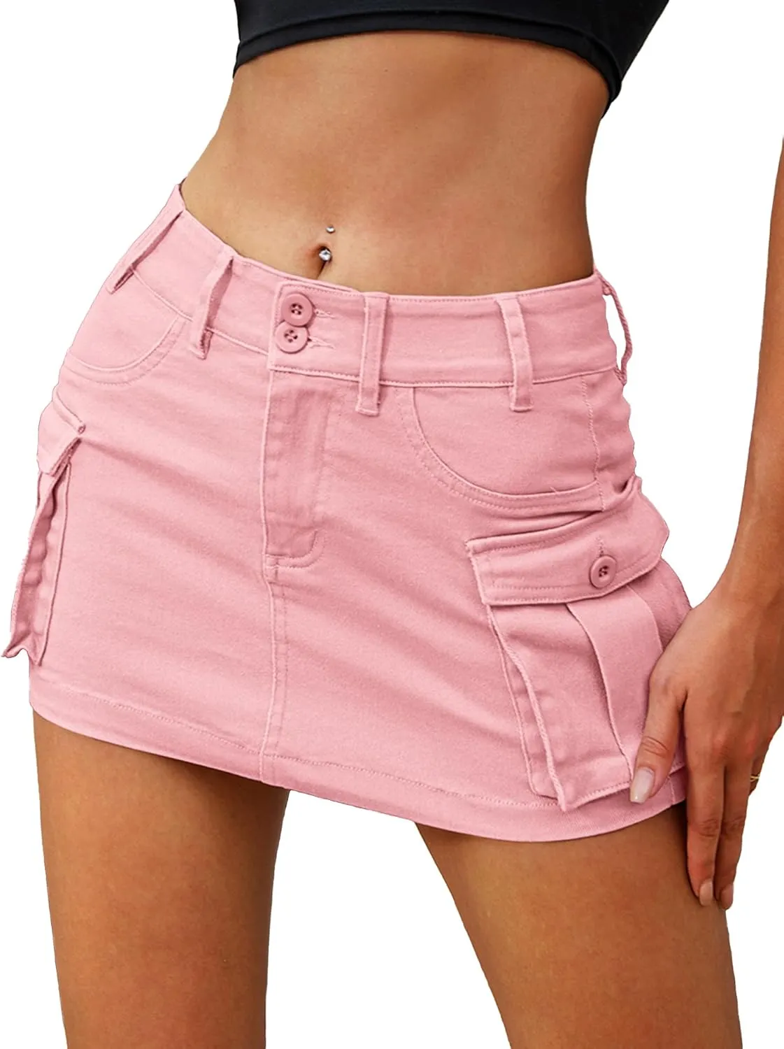 ELLEVEN High Stretchy Cargo Skirt for Women, Low Waist Y2k Mini Skirt Cute Denim Skirt with Pockets