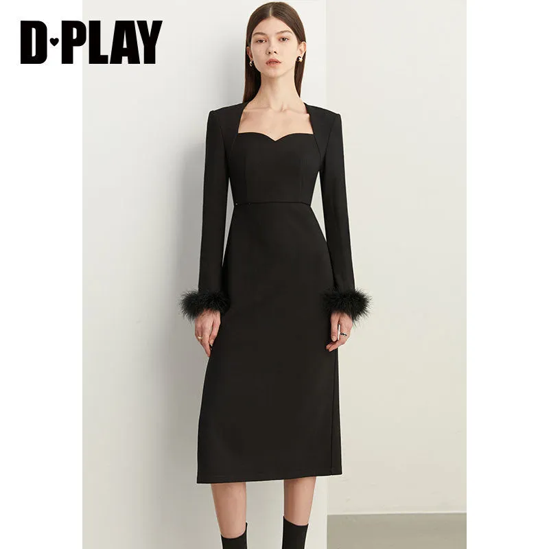 Fall Autumn French Feather Paneled Little Black Dinner Dress - Navail
