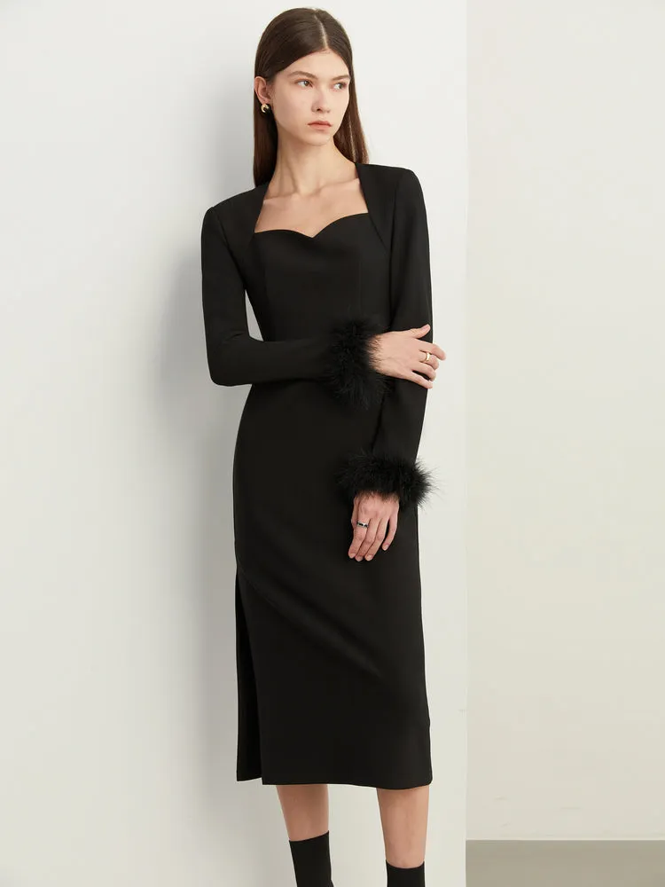 Fall Autumn French Feather Paneled Little Black Dinner Dress - Navail