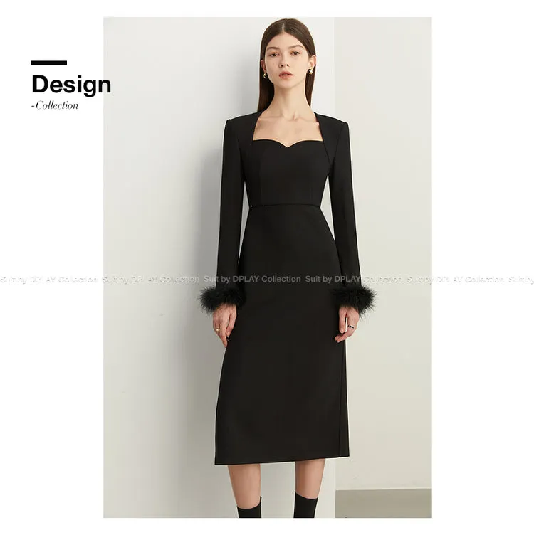 Fall Autumn French Feather Paneled Little Black Dinner Dress - Navail