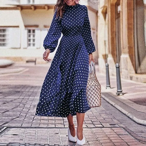 FashionSierra - Boho Long Dress Blue Long Sleeve Elegant Dress Polka Dot Print Elegant Dress