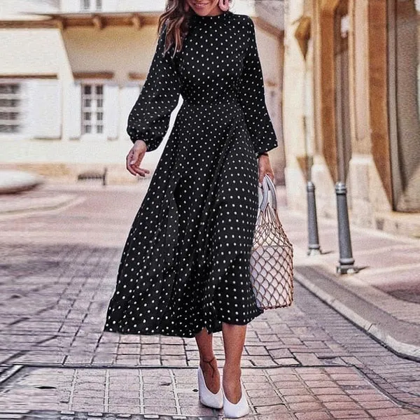 FashionSierra - Boho Long Dress Blue Long Sleeve Elegant Dress Polka Dot Print Elegant Dress