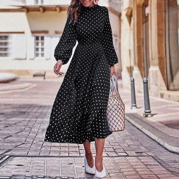 FashionSierra - Boho Long Dress Blue Long Sleeve Elegant Dress Polka Dot Print Elegant Dress