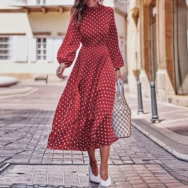 FashionSierra - Boho Long Dress Blue Long Sleeve Elegant Dress Polka Dot Print Elegant Dress
