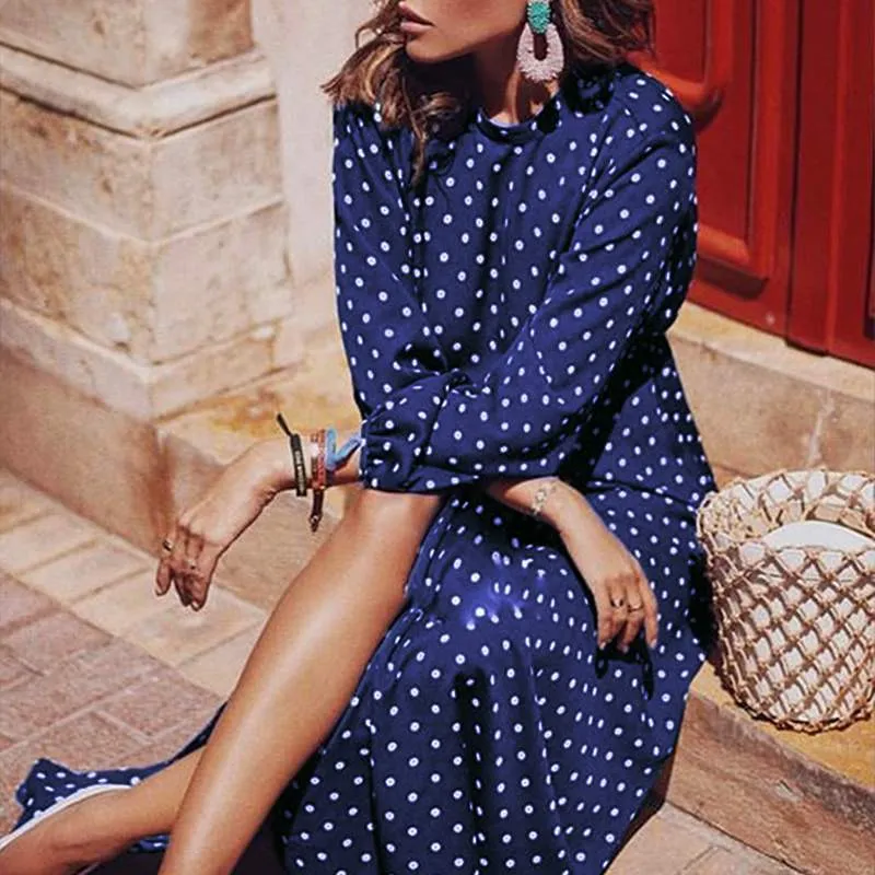 FashionSierra - Boho Long Dress Blue Long Sleeve Elegant Dress Polka Dot Print Elegant Dress