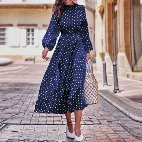 FashionSierra - Boho Long Dress Blue Long Sleeve Elegant Dress Polka Dot Print Elegant Dress