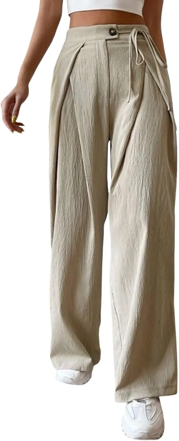 Generic Linen Pants Women Summer Plus Size Loose Fit Lightweight Pant Drawstring Elastic Wide Leg Trousers with Pockets, Large, #1-grey