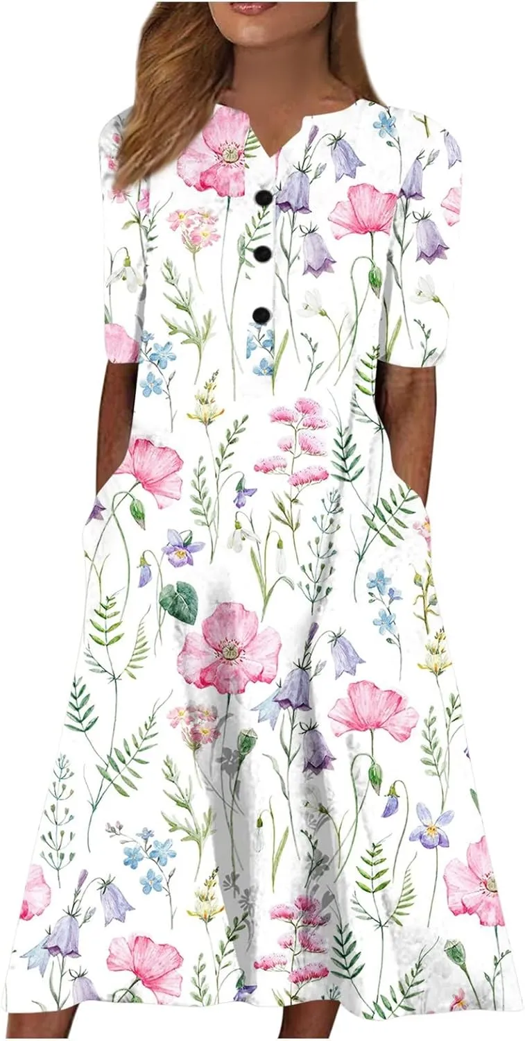 Generic Womens Dresses Pocket Half Sleeve Long Dress Button Down Floral Printed Beach Dress V Neck Trendy Maxi Dress