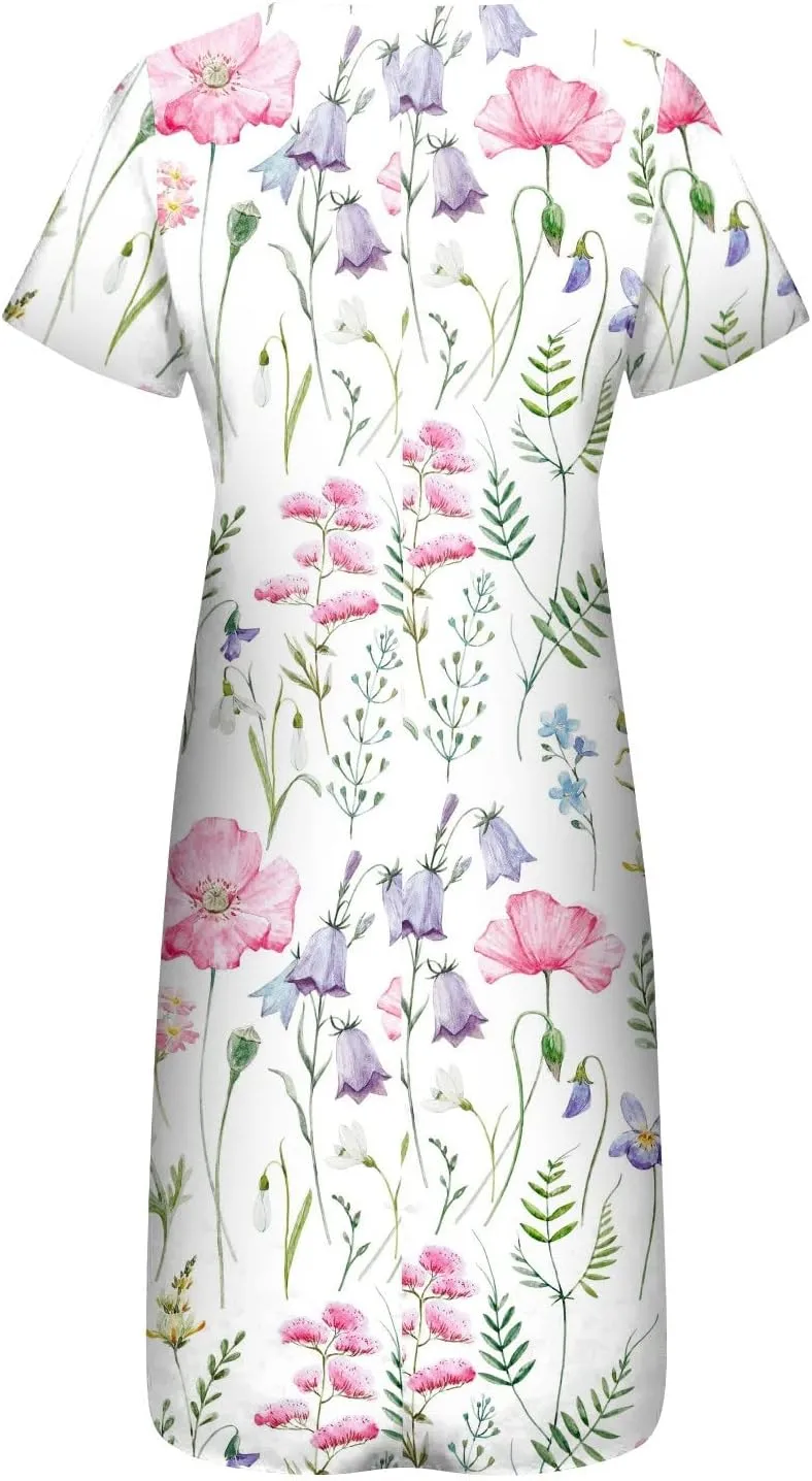 Generic Womens Dresses Pocket Half Sleeve Long Dress Button Down Floral Printed Beach Dress V Neck Trendy Maxi Dress