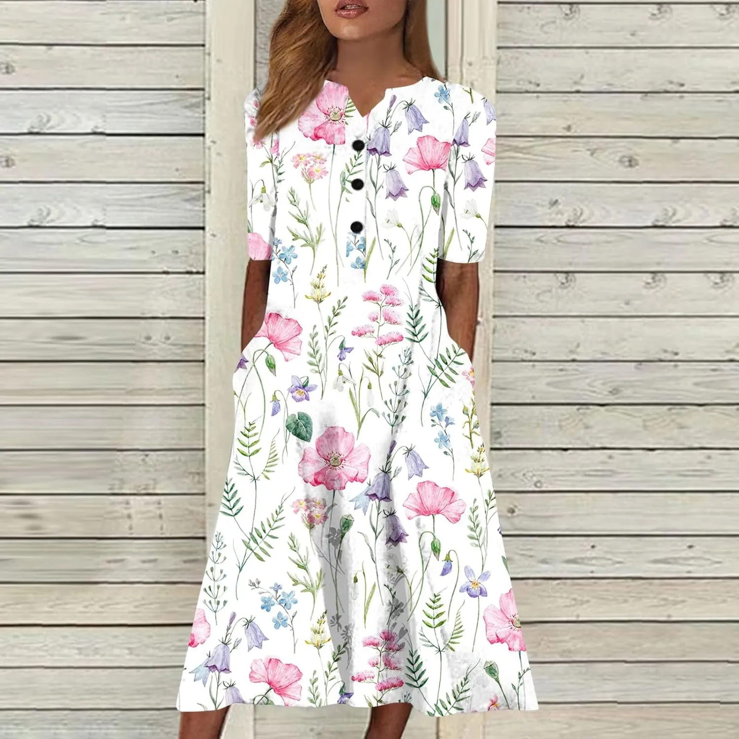 Generic Womens Dresses Pocket Half Sleeve Long Dress Button Down Floral Printed Beach Dress V Neck Trendy Maxi Dress