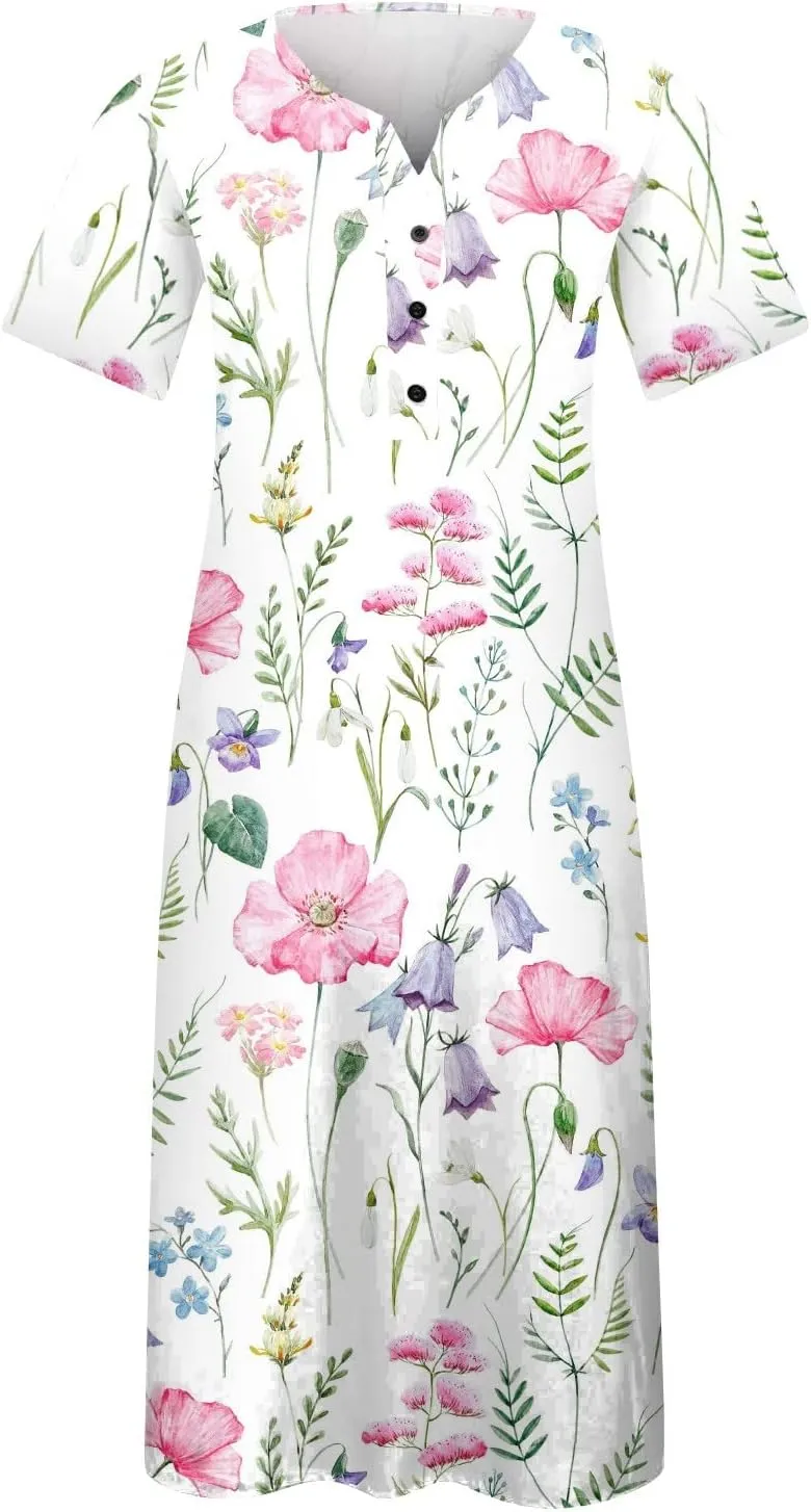 Generic Womens Dresses Pocket Half Sleeve Long Dress Button Down Floral Printed Beach Dress V Neck Trendy Maxi Dress