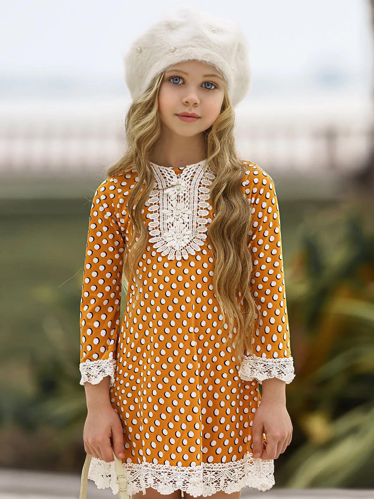 Girls Crochet Bib, Hem And Sleeve Boho Dress