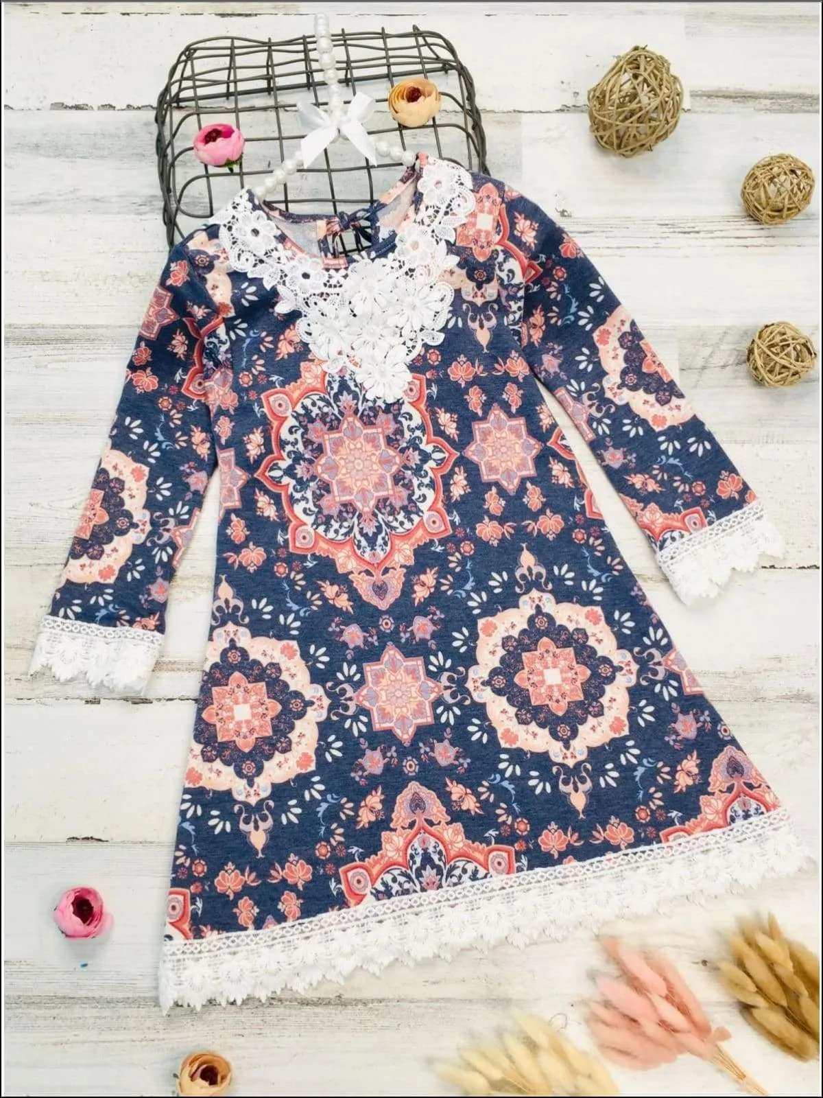 Girls Crochet Bib, Hem And Sleeve Boho Dress