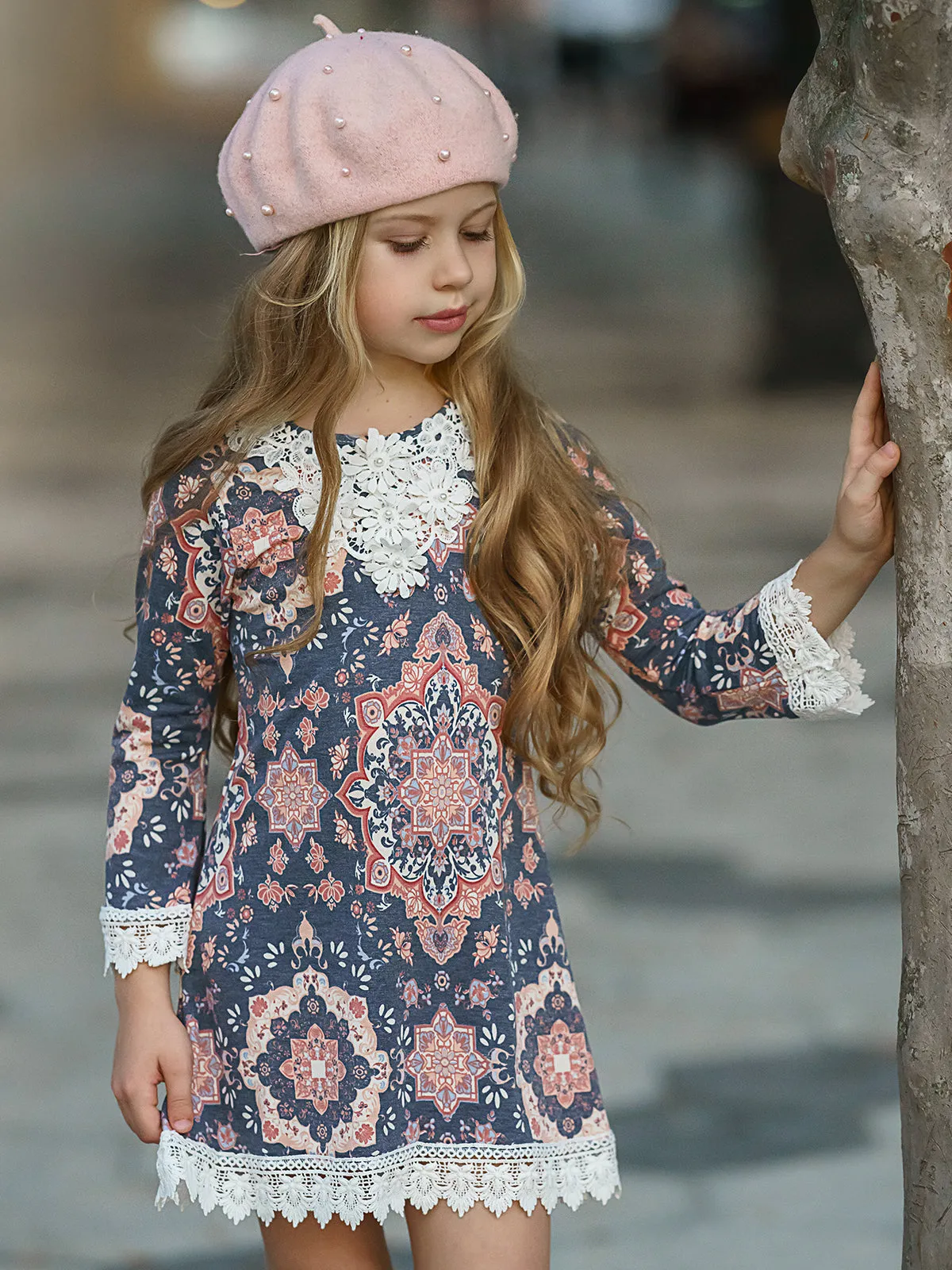 Girls Crochet Bib, Hem And Sleeve Boho Dress