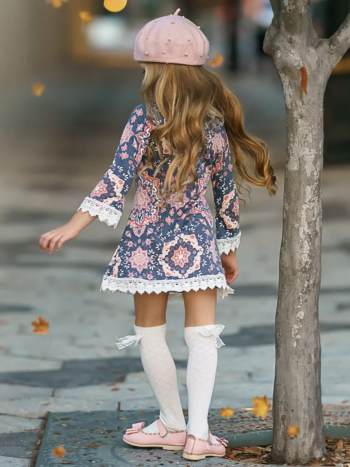 Girls Crochet Bib, Hem And Sleeve Boho Dress