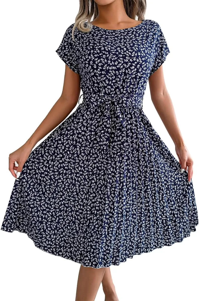 IDOPIP Women Floral Pleated Dress Summer Casual A-Line Flowy Midi Dress Formal Wedding Guest Dress 2024 Trendy Swing Dres