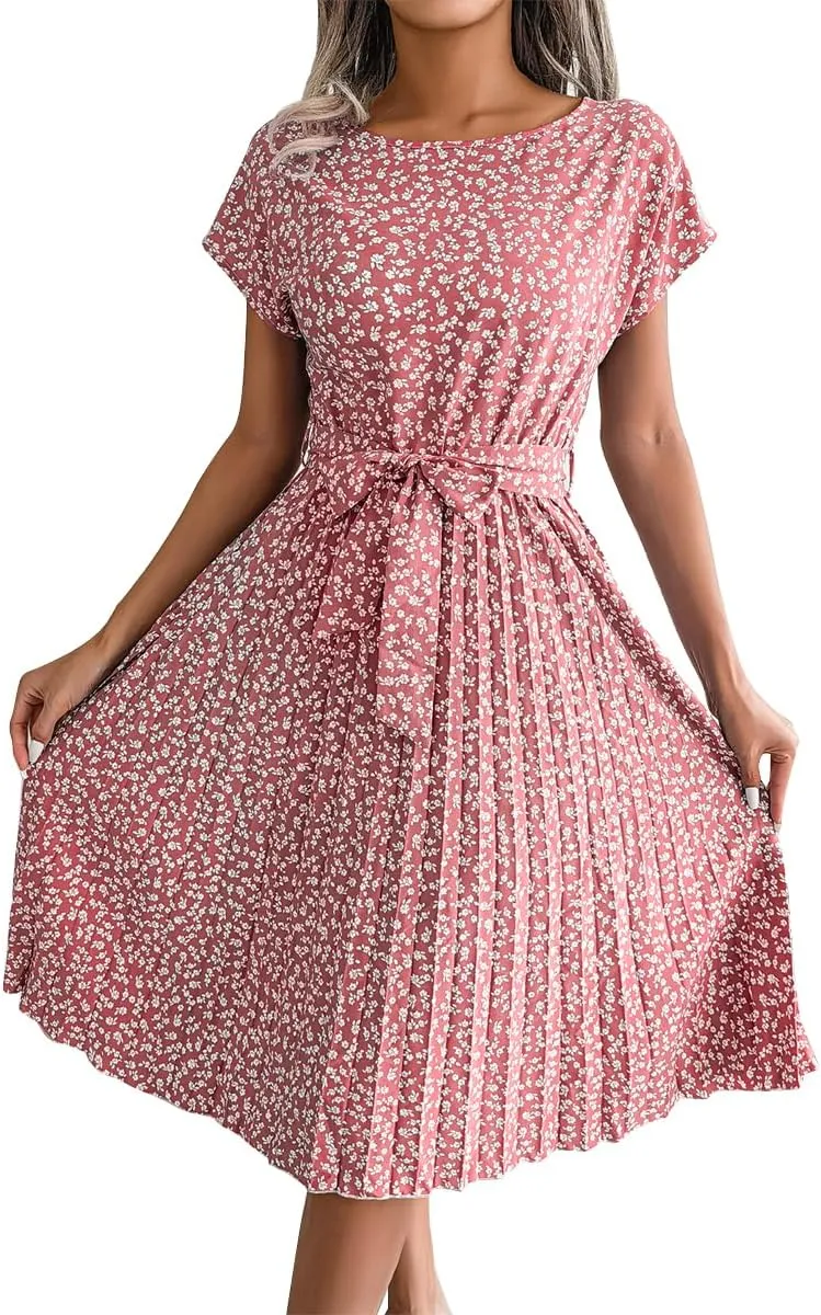 IDOPIP Women Floral Pleated Dress Summer Casual A-Line Flowy Midi Dress Formal Wedding Guest Dress 2024 Trendy Swing Dres