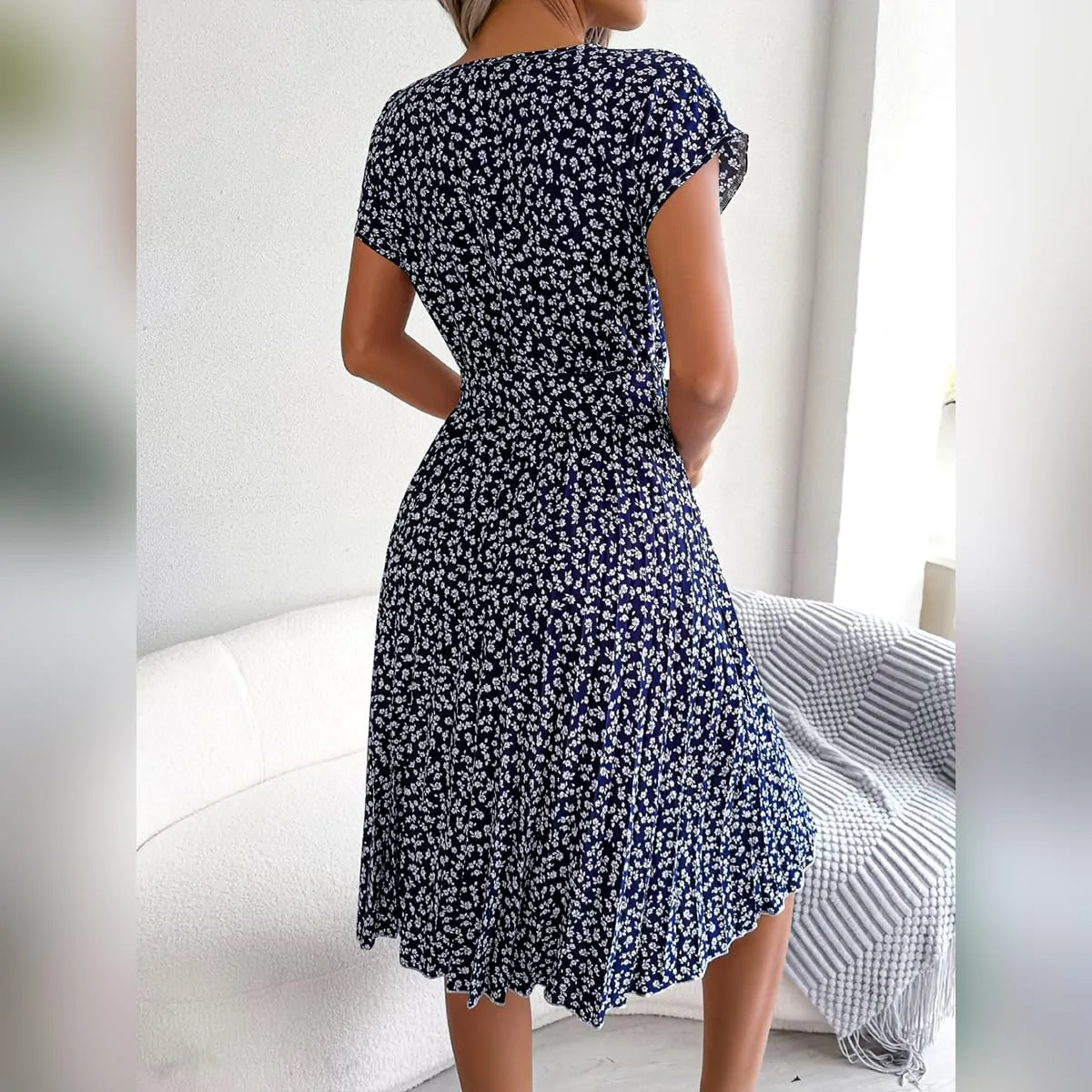 IDOPIP Women Floral Pleated Dress Summer Casual A-Line Flowy Midi Dress Formal Wedding Guest Dress 2024 Trendy Swing Dres