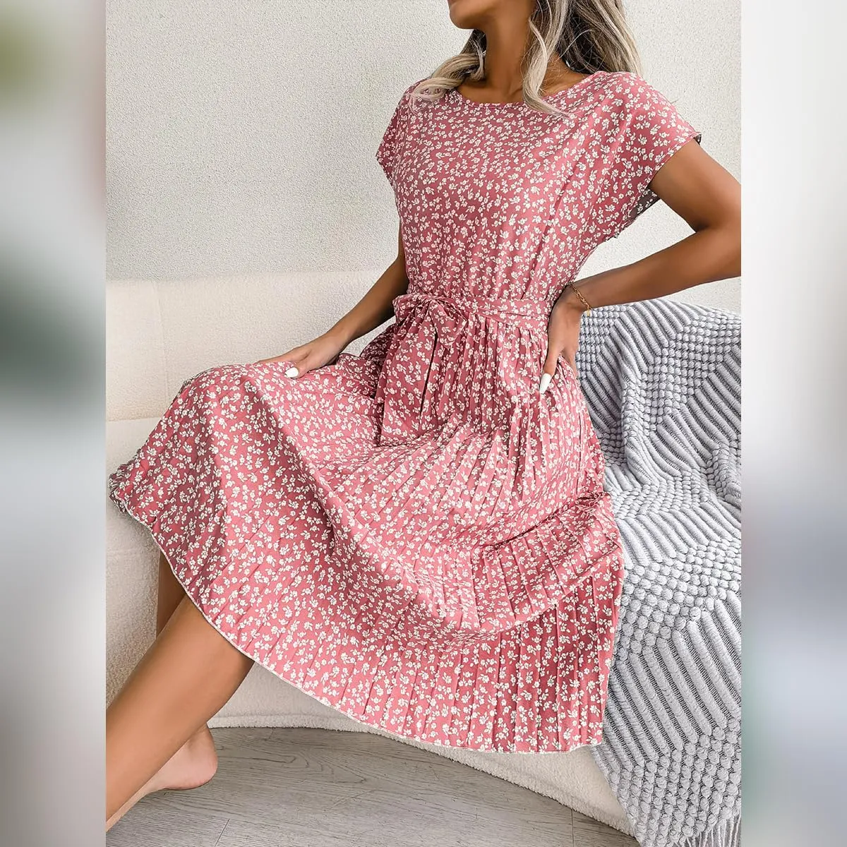 IDOPIP Women Floral Pleated Dress Summer Casual A-Line Flowy Midi Dress Formal Wedding Guest Dress 2024 Trendy Swing Dres