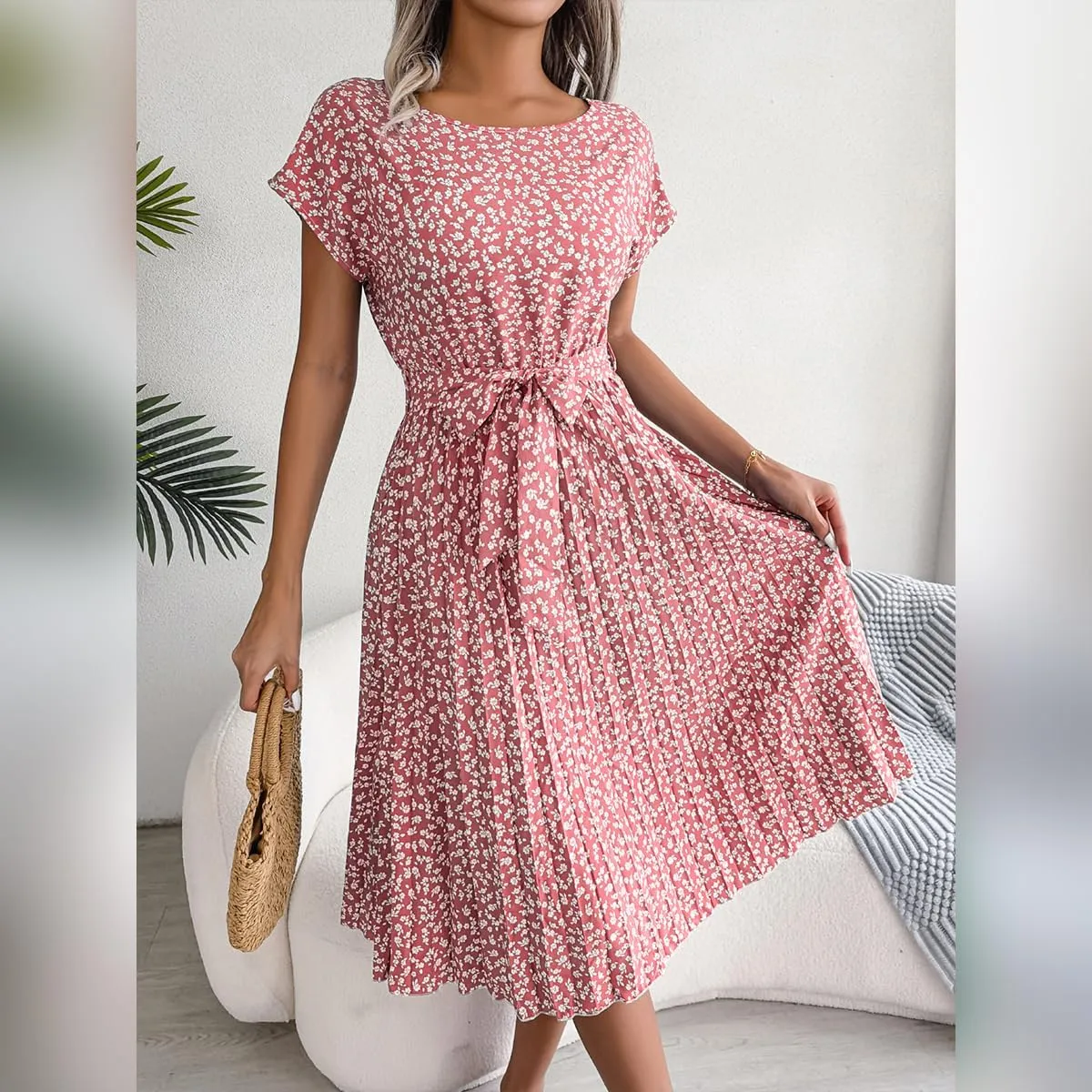 IDOPIP Women Floral Pleated Dress Summer Casual A-Line Flowy Midi Dress Formal Wedding Guest Dress 2024 Trendy Swing Dres