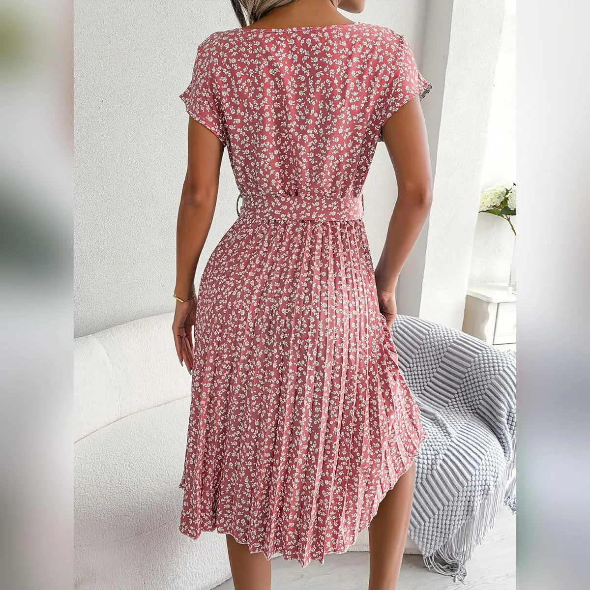 IDOPIP Women Floral Pleated Dress Summer Casual A-Line Flowy Midi Dress Formal Wedding Guest Dress 2024 Trendy Swing Dres