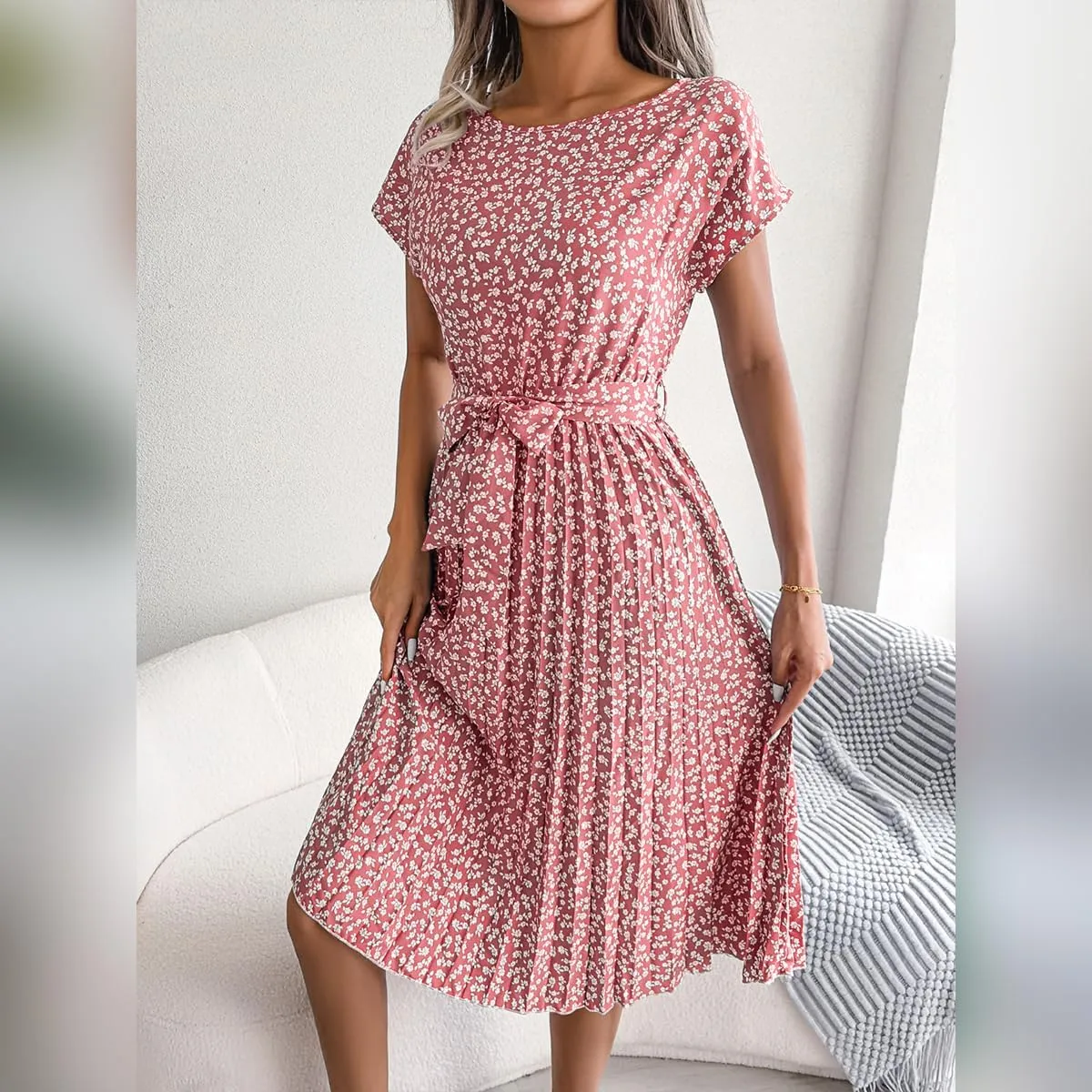 IDOPIP Women Floral Pleated Dress Summer Casual A-Line Flowy Midi Dress Formal Wedding Guest Dress 2024 Trendy Swing Dres