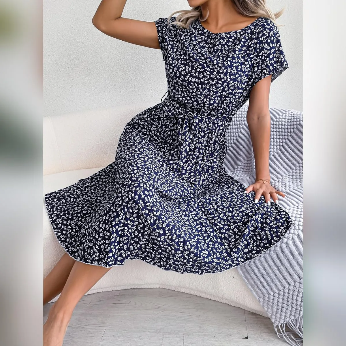 IDOPIP Women Floral Pleated Dress Summer Casual A-Line Flowy Midi Dress Formal Wedding Guest Dress 2024 Trendy Swing Dres