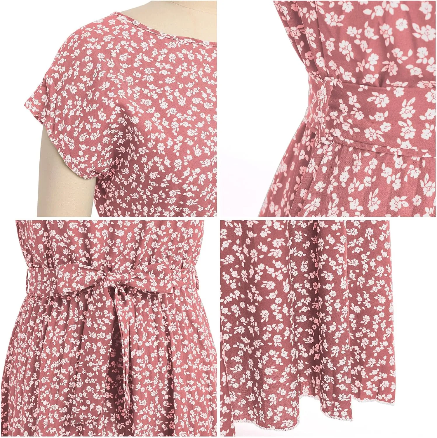 IDOPIP Women Floral Pleated Dress Summer Casual A-Line Flowy Midi Dress Formal Wedding Guest Dress 2024 Trendy Swing Dres