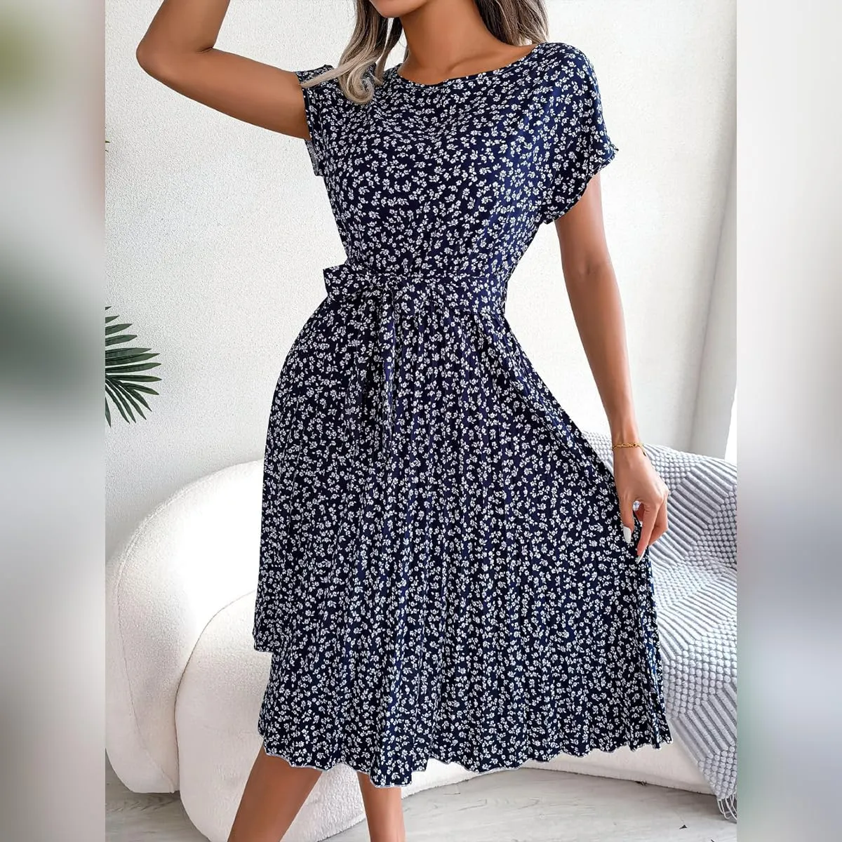 IDOPIP Women Floral Pleated Dress Summer Casual A-Line Flowy Midi Dress Formal Wedding Guest Dress 2024 Trendy Swing Dres