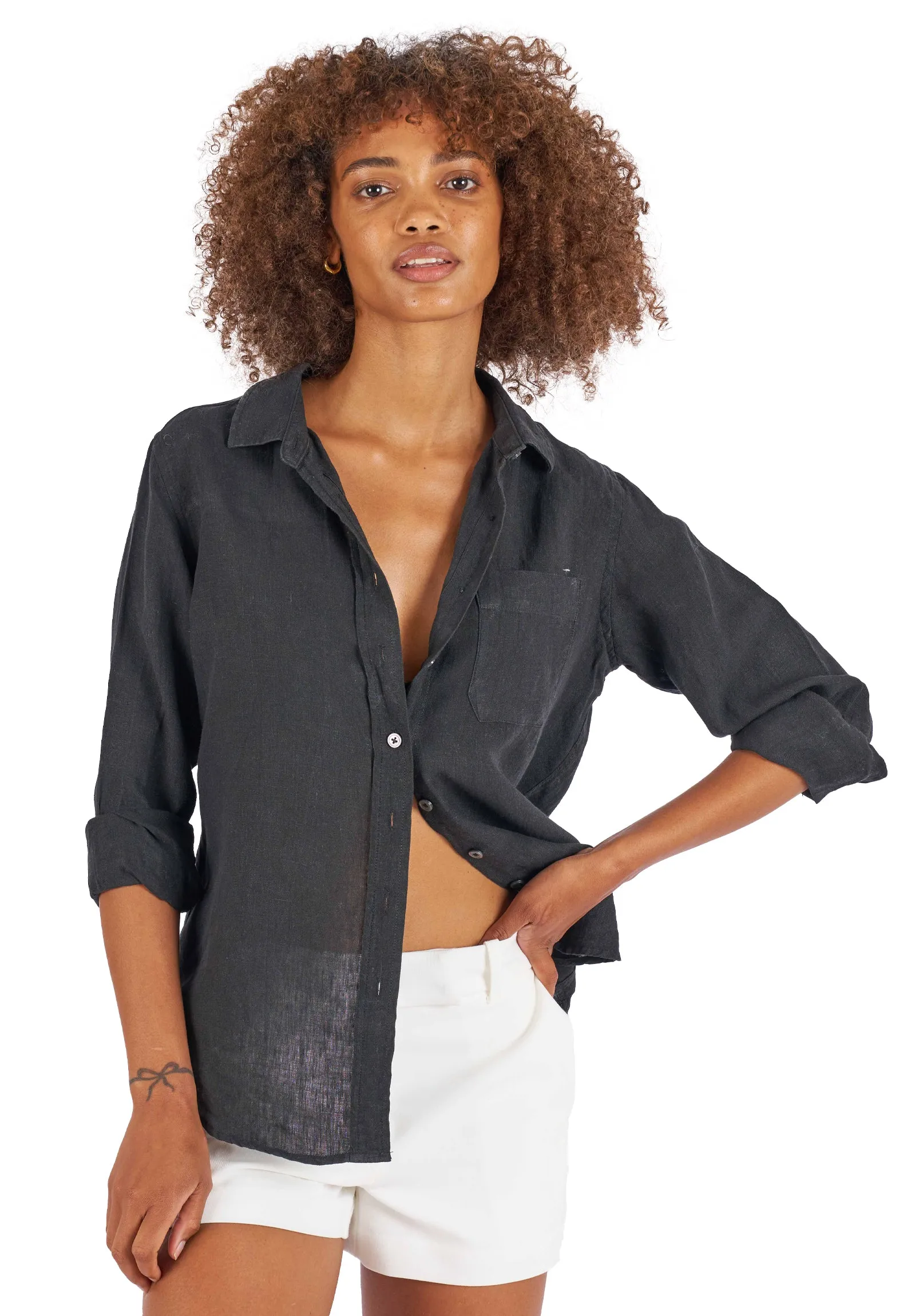 Iris Black Classic Fit Linen Shirt