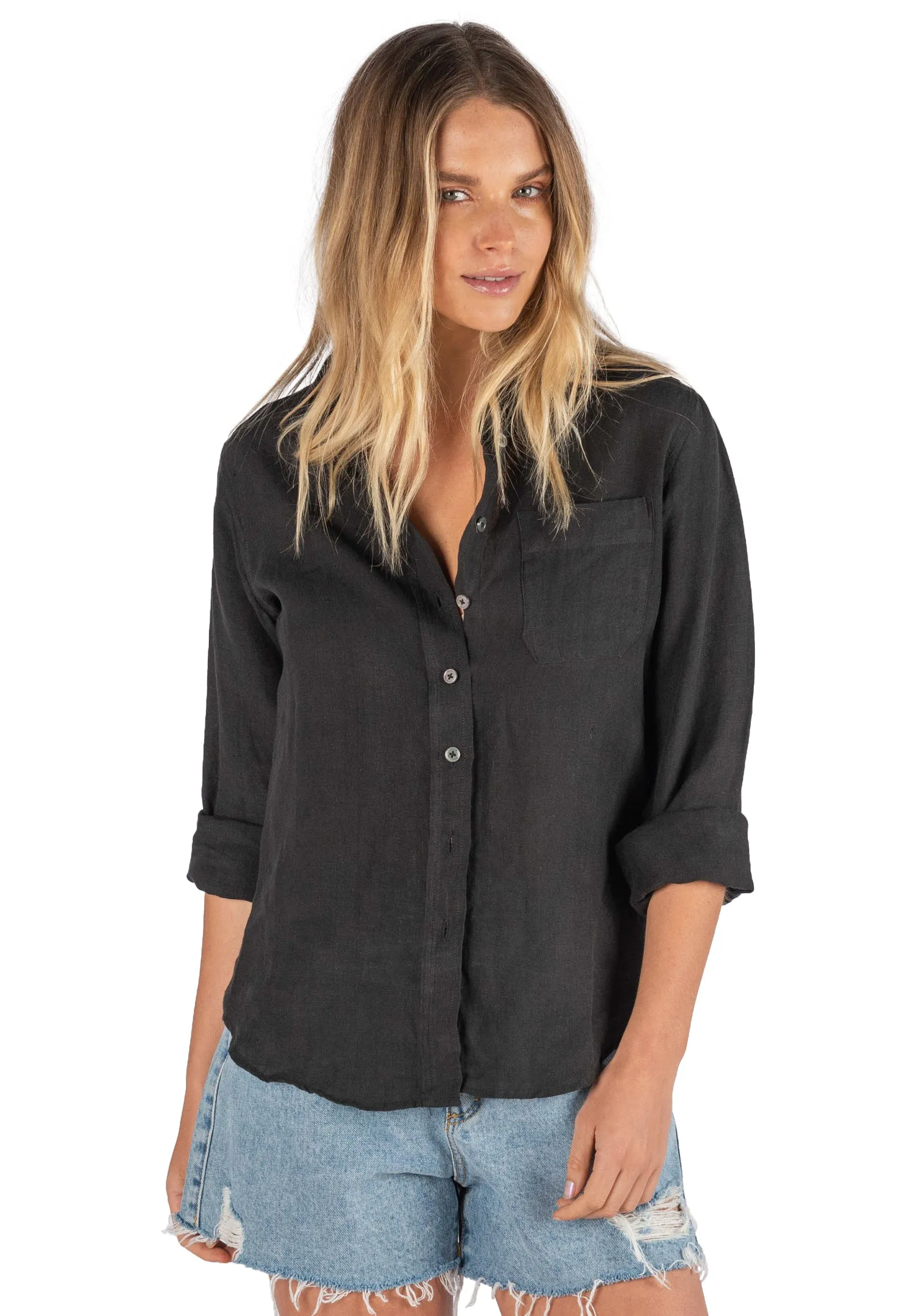 Iris Black Classic Fit Linen Shirt