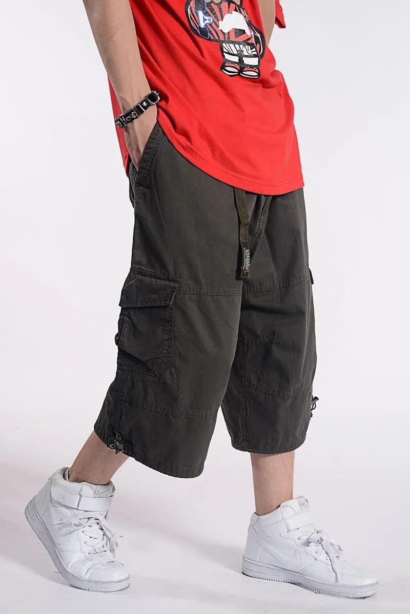 KELYWELL Men's Capri Long Elastic Cargo Shorts Below Knee Shorts 3/4 Cotton Cargo Shorts Casual Loose Relaxed Fit Shorts