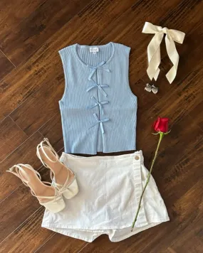 Light Blue Coquette Ribbed Knit Tie Front Sleeveless Tank Top