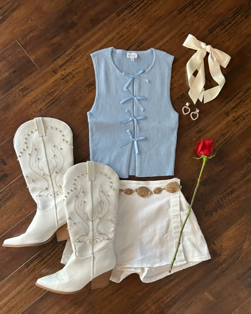 Light Blue Coquette Ribbed Knit Tie Front Sleeveless Tank Top