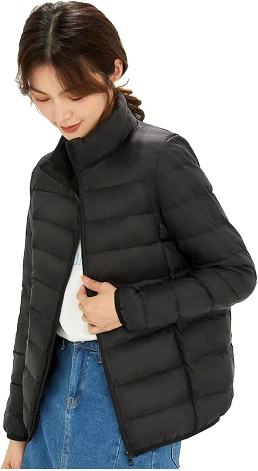 Light Jackets for Women Winter Warm Hoodless Puffer Jacket Fashion Packable Long Sleeve Zipper Down Coat with Pocket