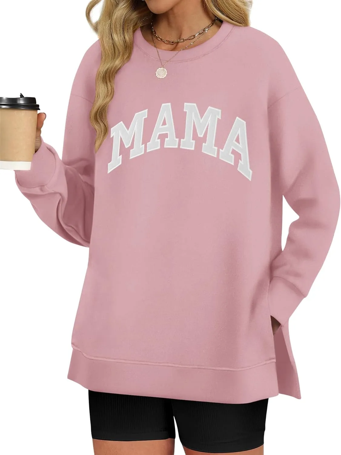 LOMON Women's Long Sleeve Mama Shirts Oversized Tshirts Crewneck Pullover Basic Tops Casual Outfits (Light Pink Letter,S)