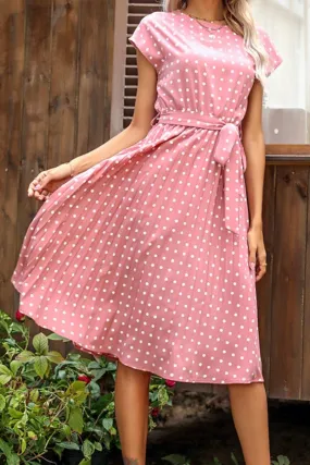Luexco Polka Dot Chiffon Pleated Dress High Waist