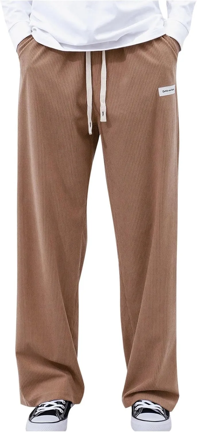 Men's Casual Corduroy Pants Elastic Waist Drawstring Harem Pants Fashion Loose Casual Long Trousers with Pockets
