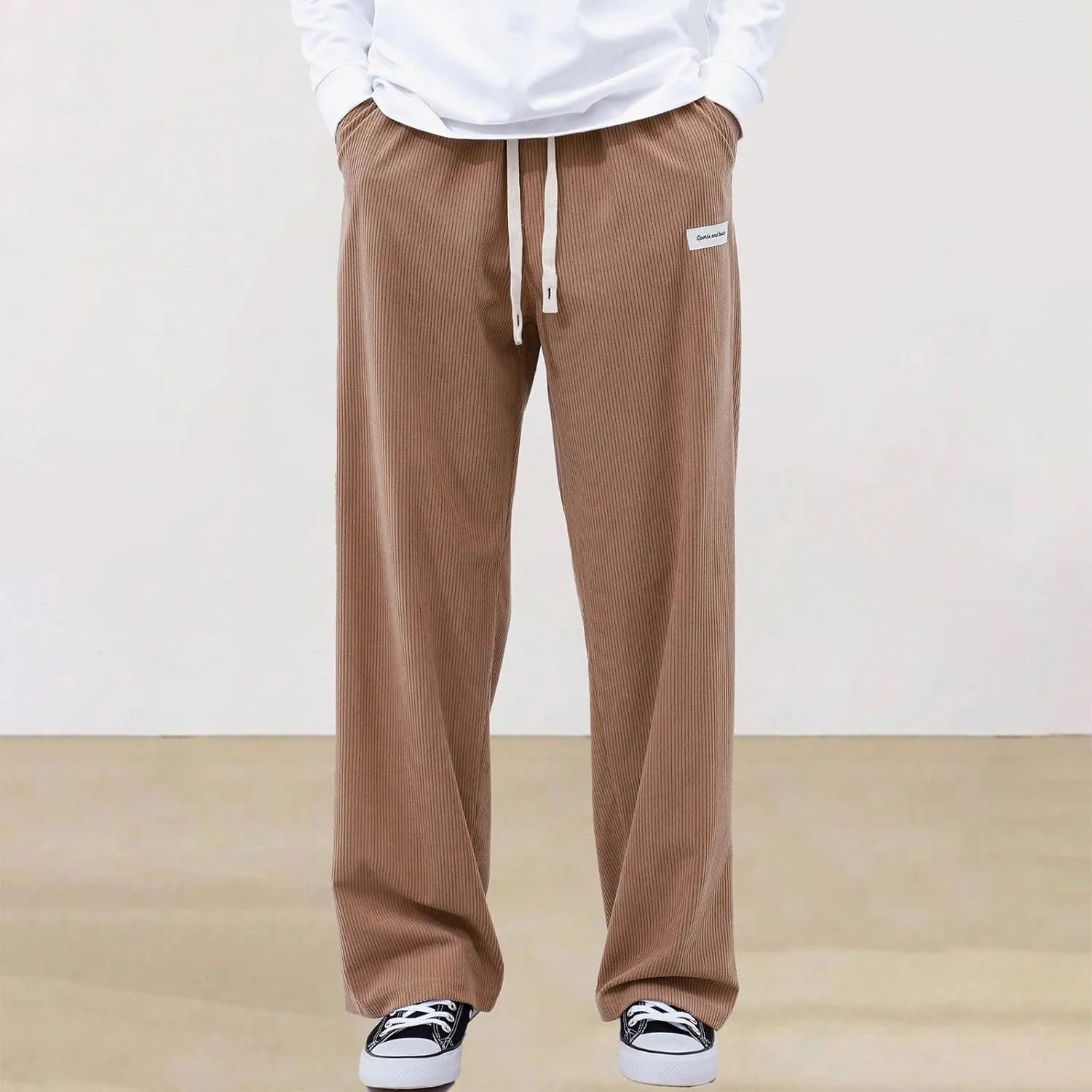 Men's Casual Corduroy Pants Elastic Waist Drawstring Harem Pants Fashion Loose Casual Long Trousers with Pockets