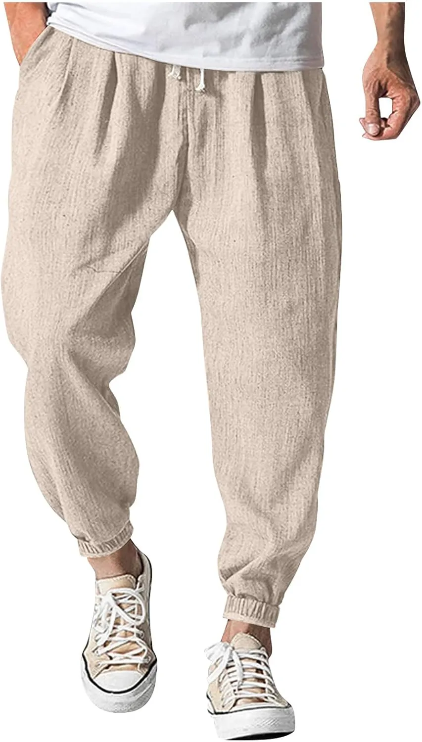 Men's Casual Loose and Comfortable Casual Pants Cotton Linen Buttons Trousers