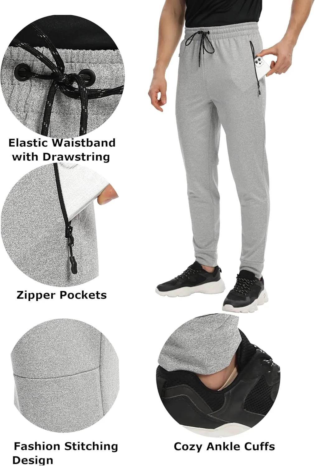 Men's Jogger Sweatpants with Zipper Pockets Track Joggers Workout Gym Sweat Pants for Men(1 Pack/2 Pack)