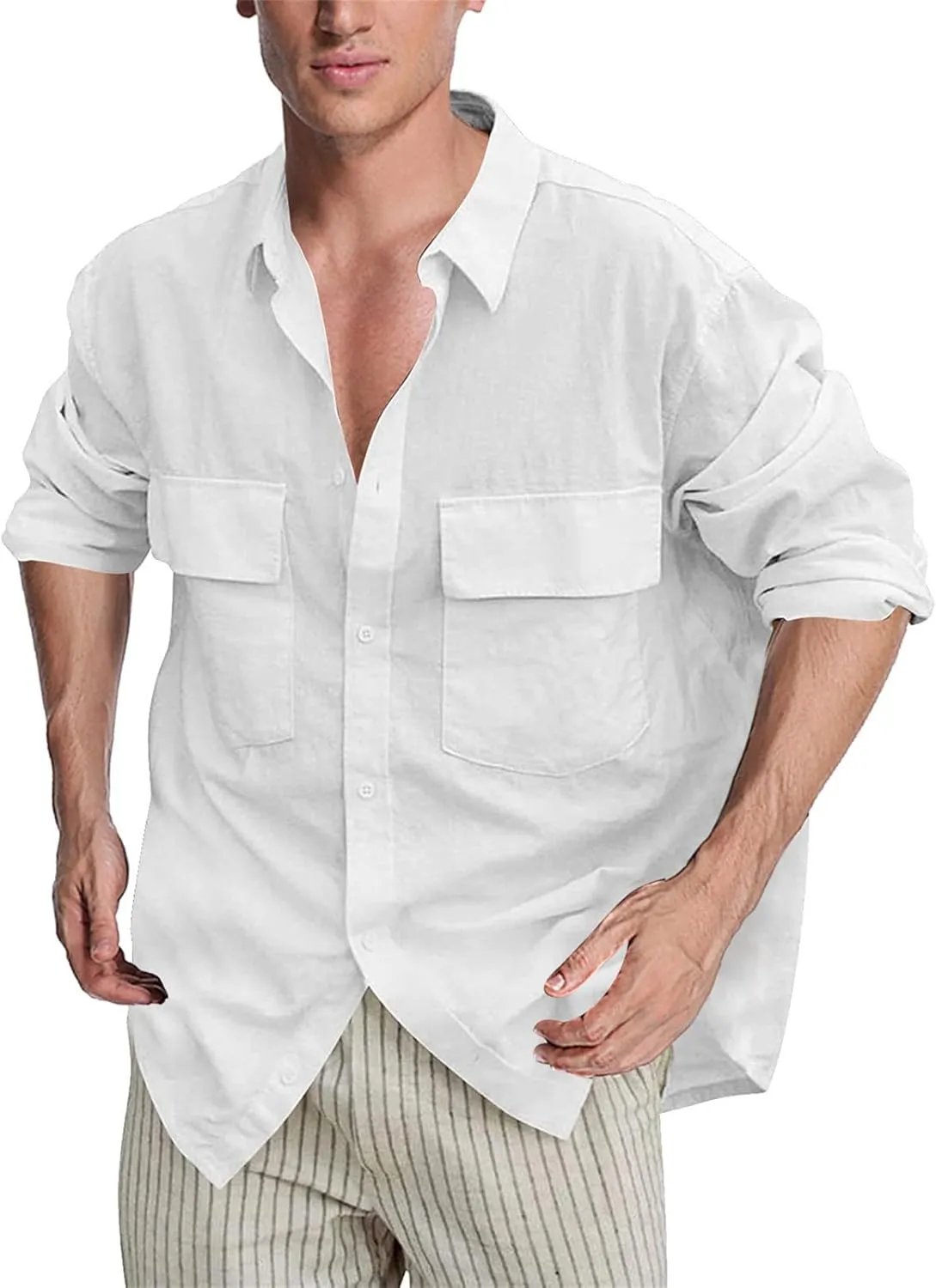 Mens Plus Size Cotton Linen Shirt with 2 Big Pockets Combat Outdoor Traveling Tops Long Sleeve Light Casual Versatile Shirts