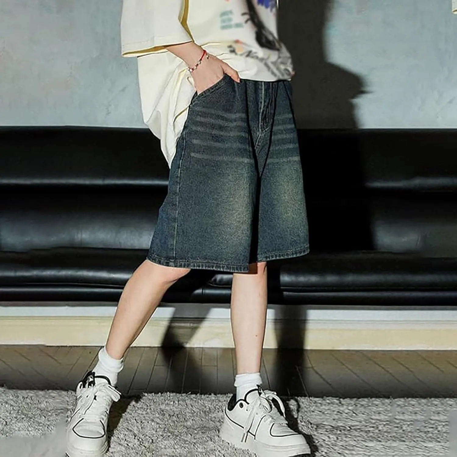 Men's Vintage Straight Jean Shorts Washed Relaxed Fit Casual Loose Denim Shorts with Pockets