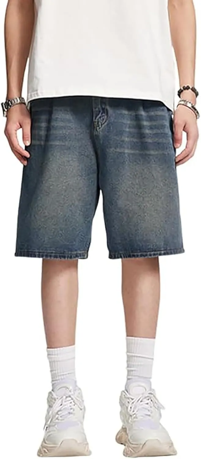 Men's Vintage Straight Jean Shorts Washed Relaxed Fit Casual Loose Denim Shorts with Pockets