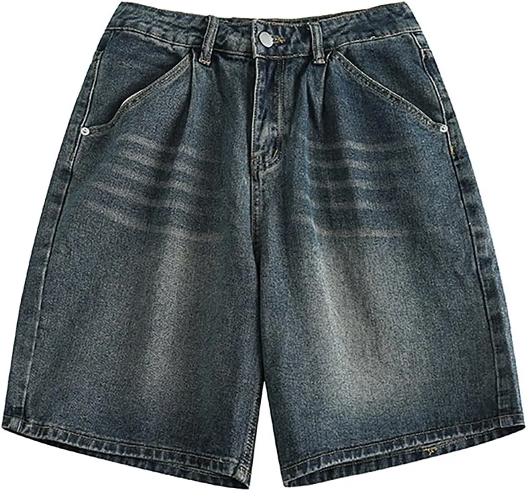 Men's Vintage Straight Jean Shorts Washed Relaxed Fit Casual Loose Denim Shorts with Pockets