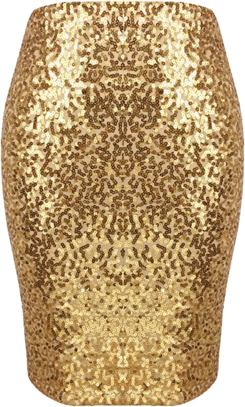 Mini Sequin Skirt for Women Sexy Stretchy Slim High Waisted Mid Length Flowy Shiny Glitter Mini Skirts Red Sequin