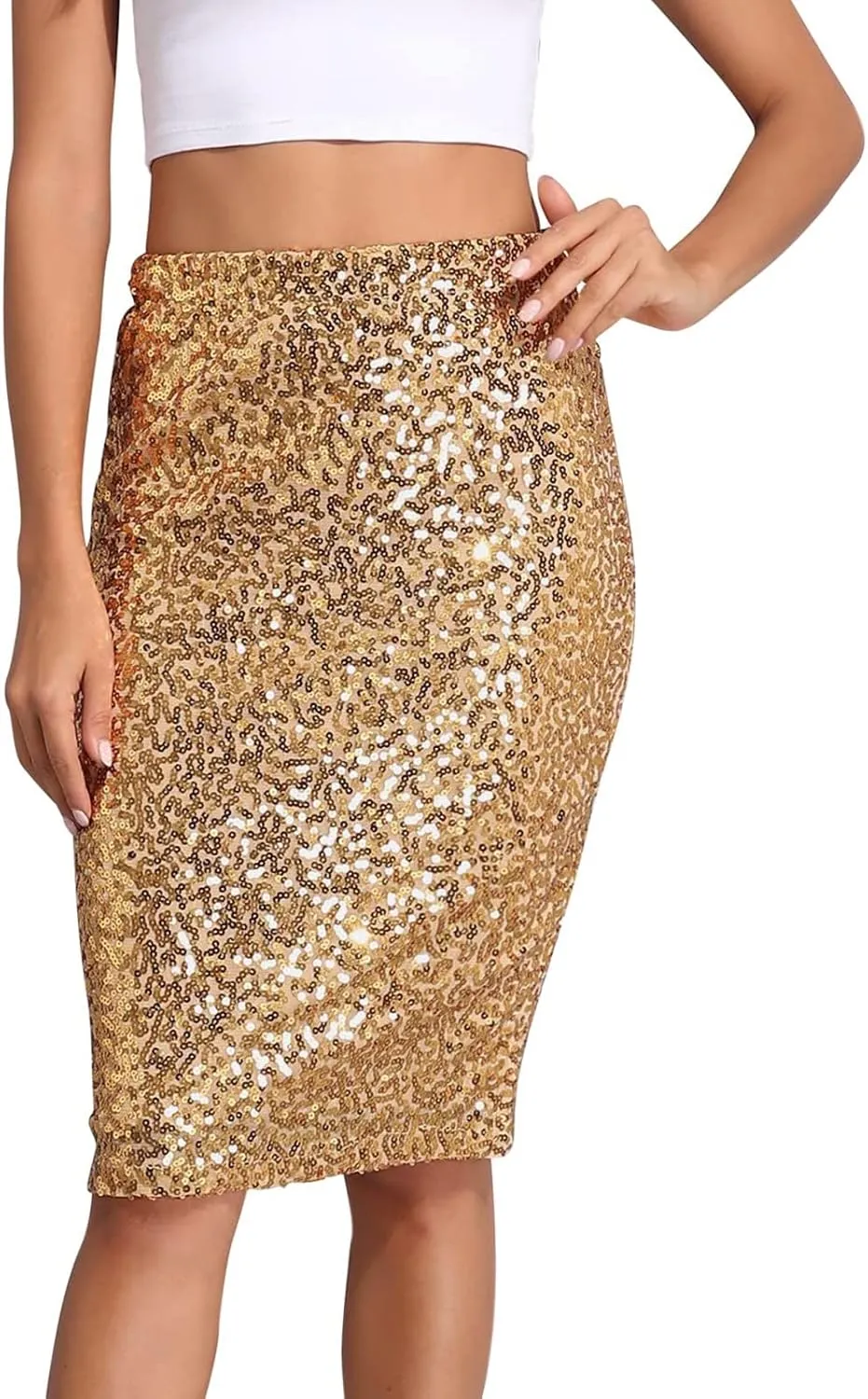 Mini Sequin Skirt for Women Sexy Stretchy Slim High Waisted Mid Length Flowy Shiny Glitter Mini Skirts Red Sequin