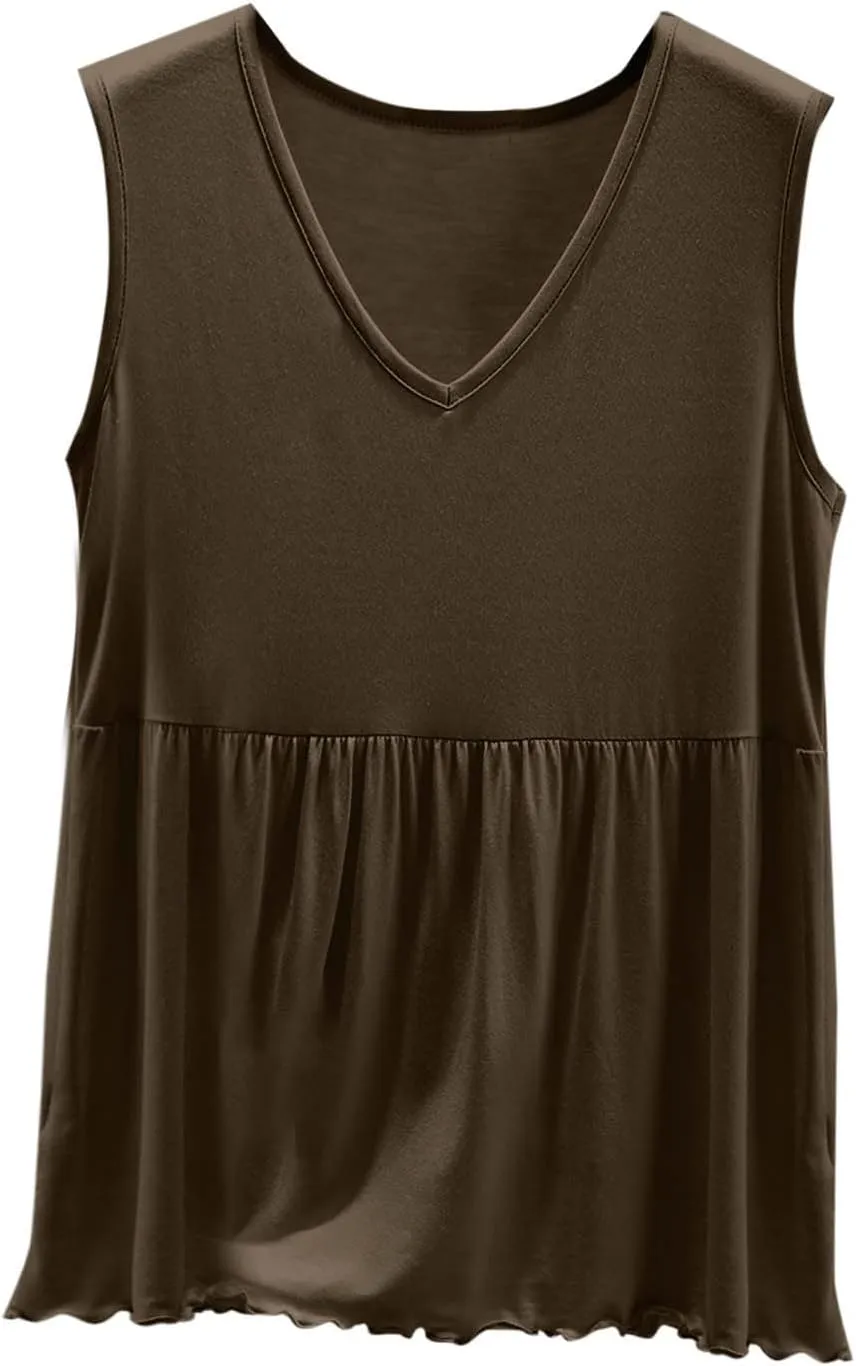 Modal Casual Tank Tops for Women, V-Neck Loose Sleeveless Summer Daily Shirts Comfy Breathable Ruffle Hem Clothes