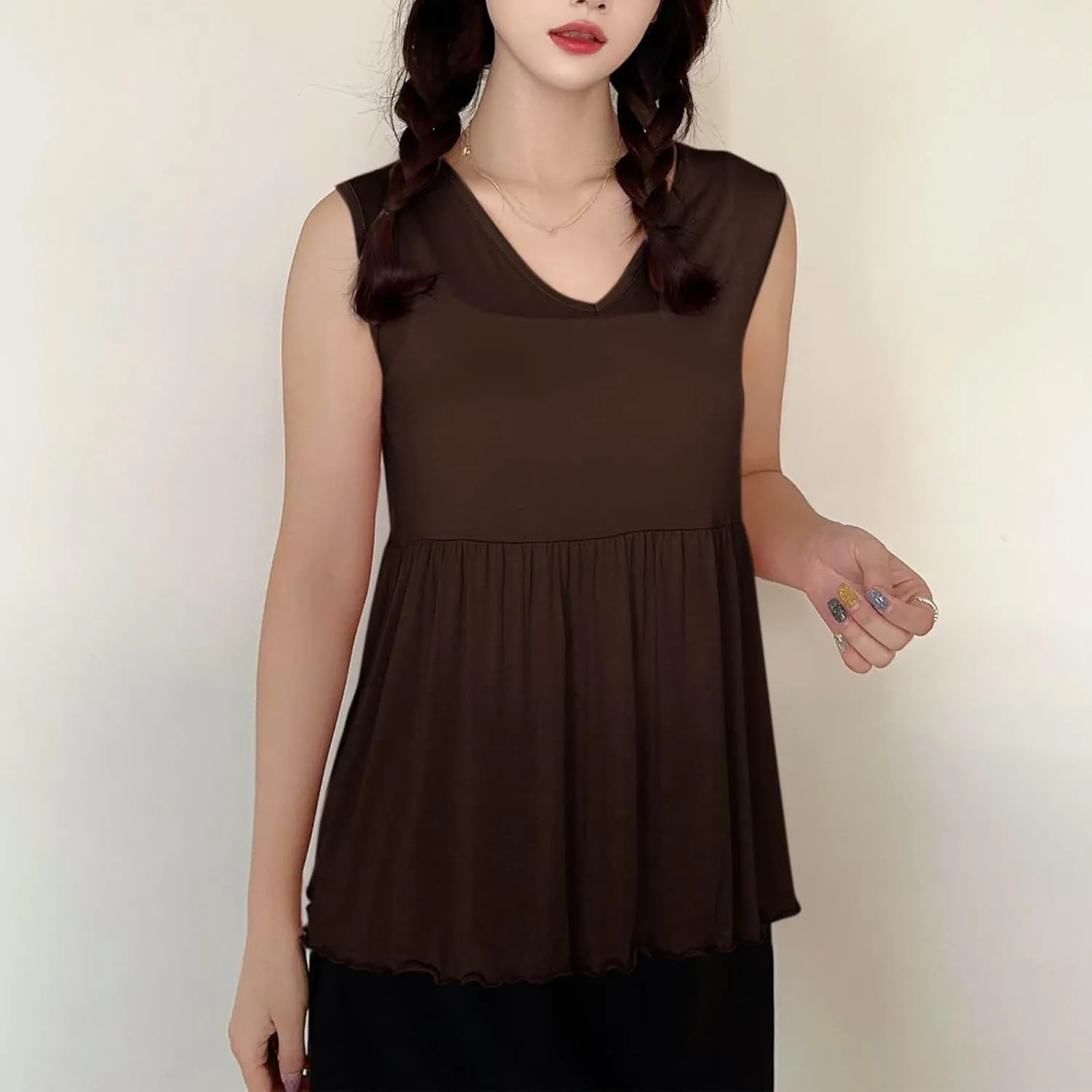 Modal Casual Tank Tops for Women, V-Neck Loose Sleeveless Summer Daily Shirts Comfy Breathable Ruffle Hem Clothes